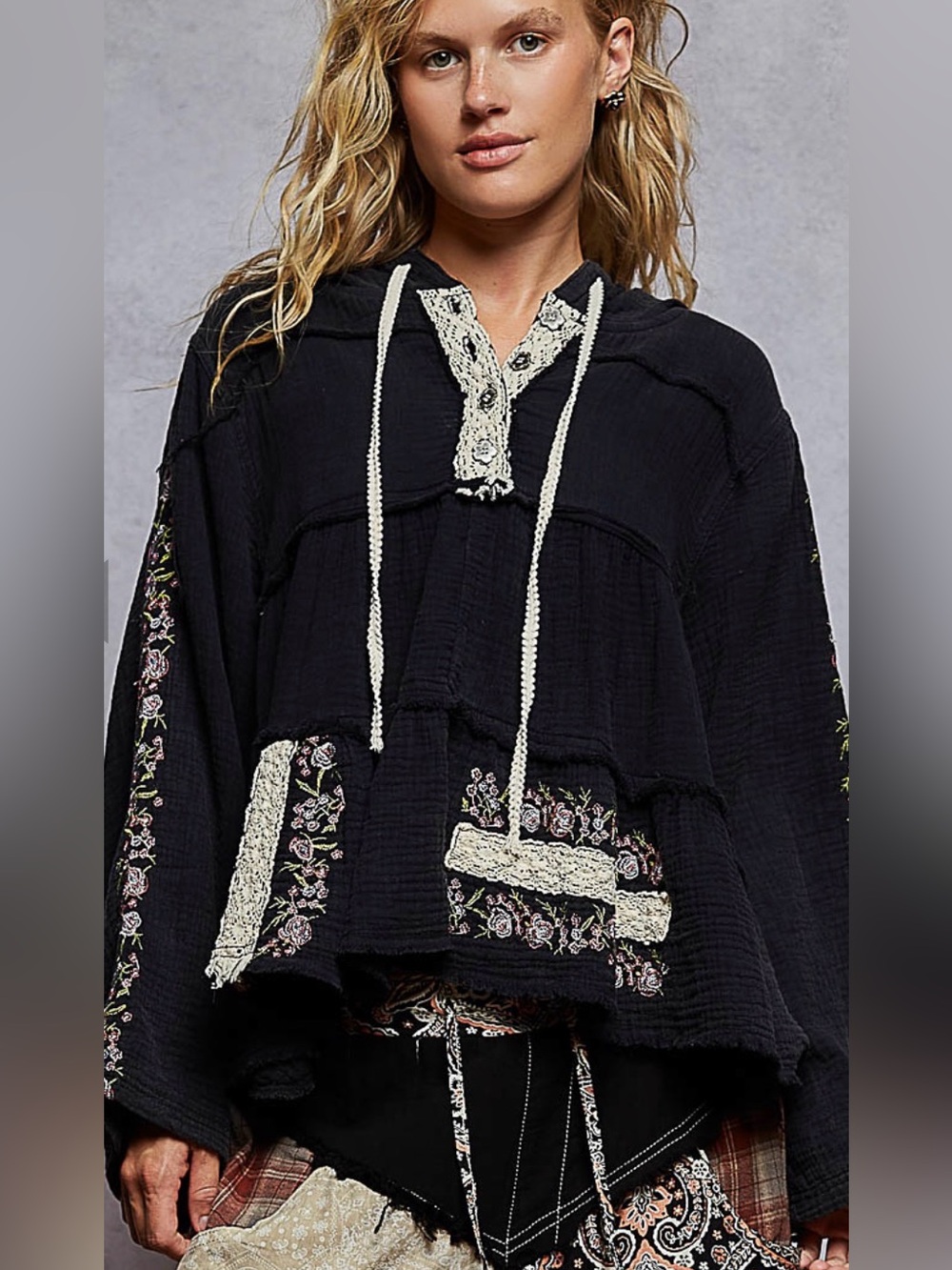 POL Woven zip up layered Hooded Women’s Top with Floral Embroidery - Black